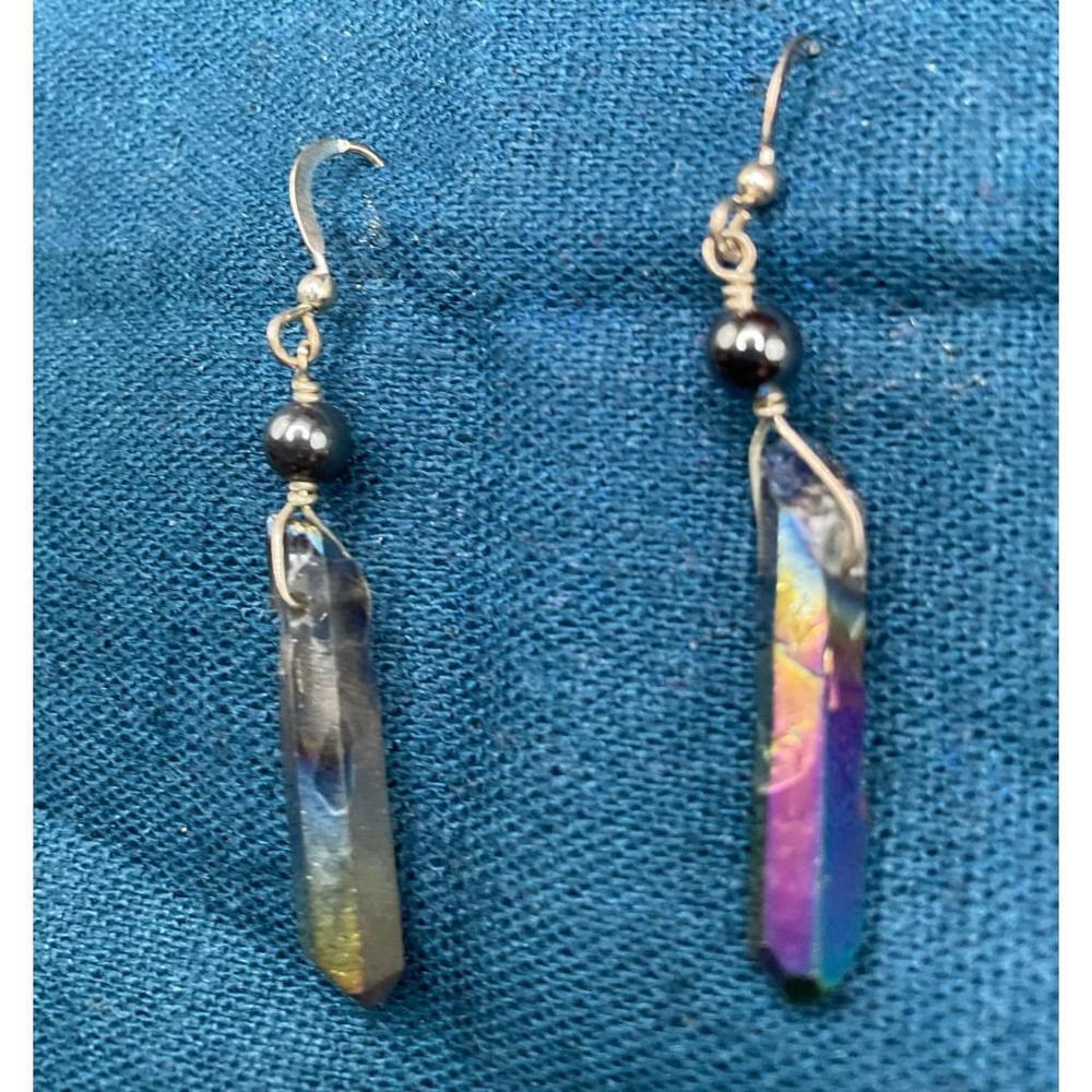 Titanium Aura Quartz rainbow irridescent hematite drop earrings